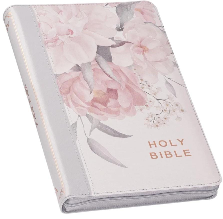 The Frosty Gray and Pink Floral Faux Leather King James Version Deluxe Gift Bible